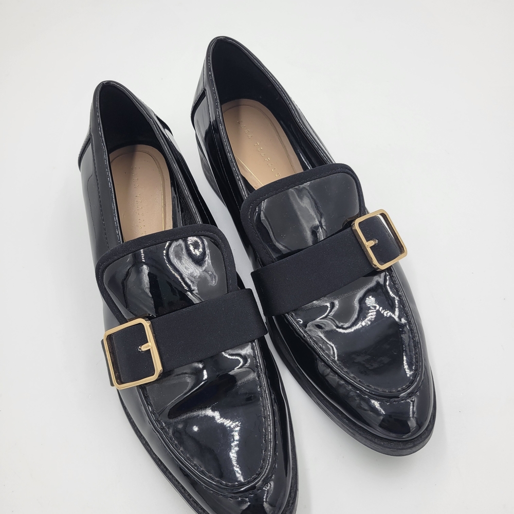 Zara Trafaluc Womens Black Patent Leather Gold Accent EUR 38 (7.5)